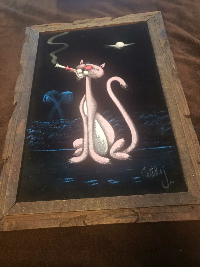 Vintage Black Velvet Art - Smoking Panther - Mid-Century/Retro - photo 4