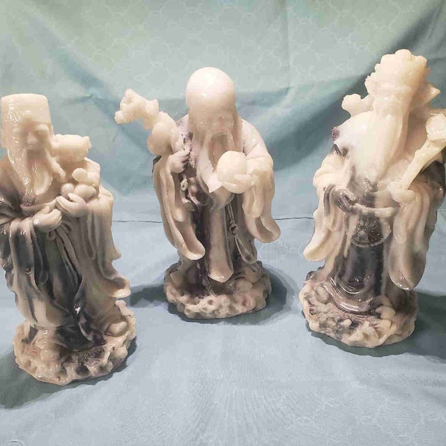Mid-Century Marbled Resin Fu Lu Shou Statues, Chinoiserie