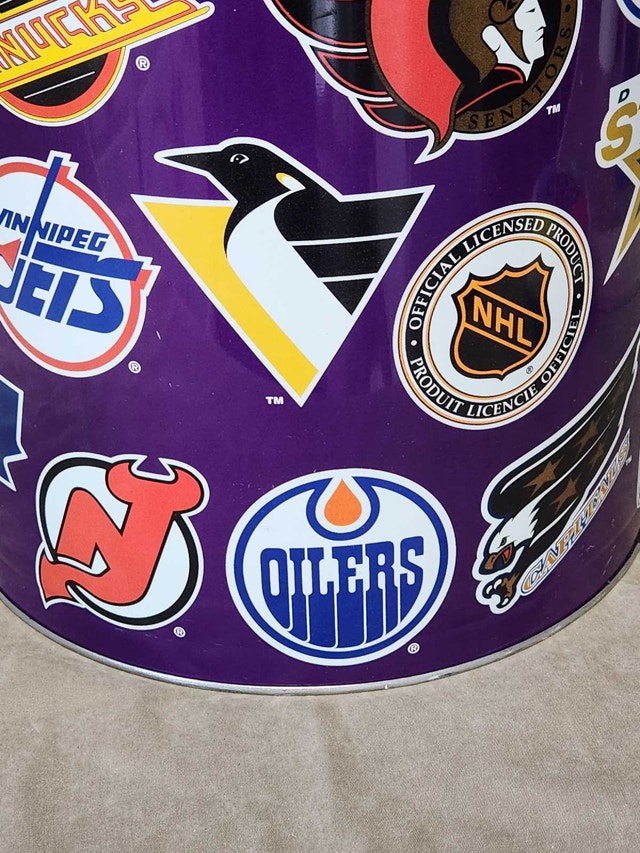 Vintage Metal Sports Logo Waste Basket – Features Oilers & More! - photo 2
