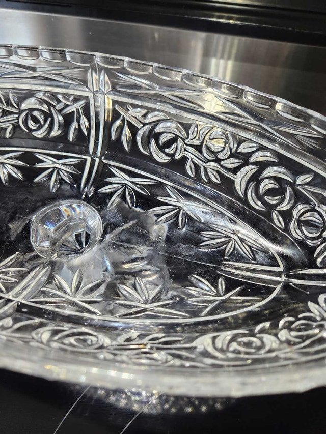 Vintage Rose Pattern Crystal Pedestal Bowl–13" Oval Centerpiece - photo 4