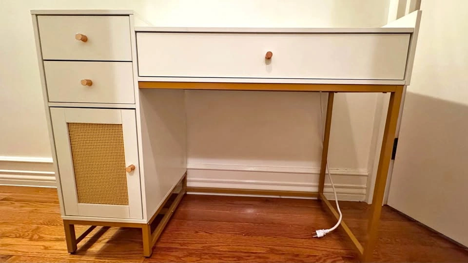 Modern White & Gold Desk with Cane Detail