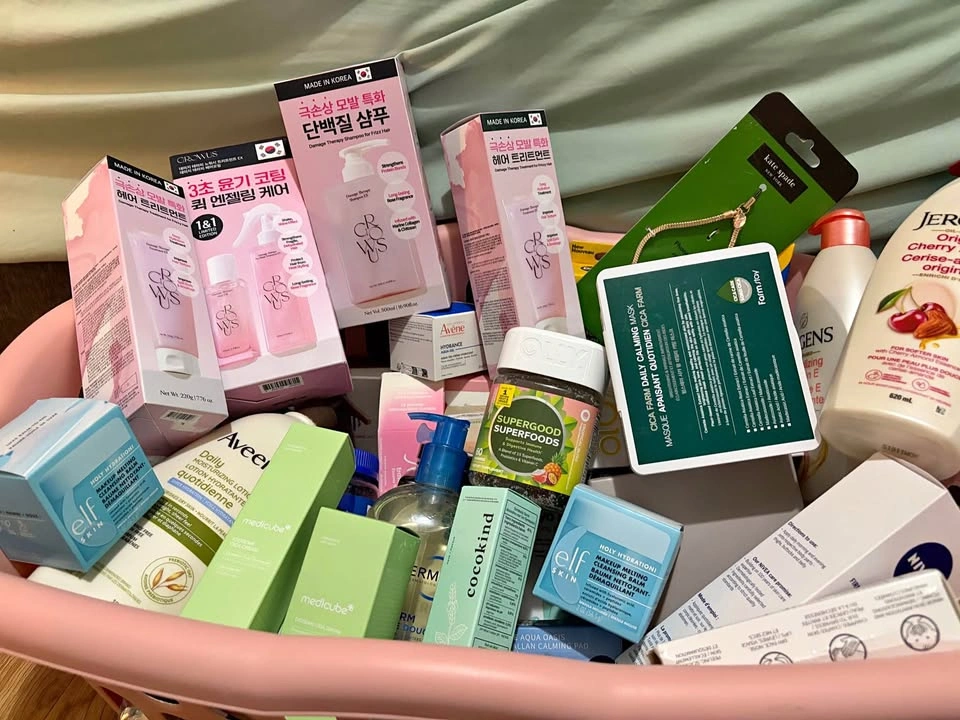 Basket full of brand new skincare/beauty products