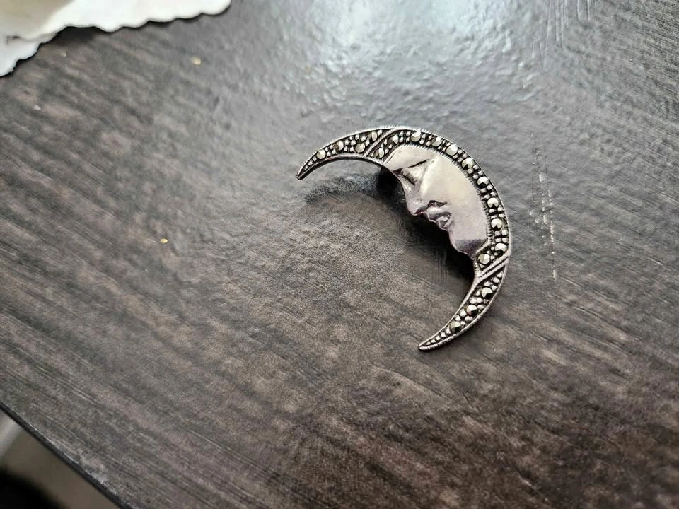 Sterling Moon Brooch with Marcasite Gems