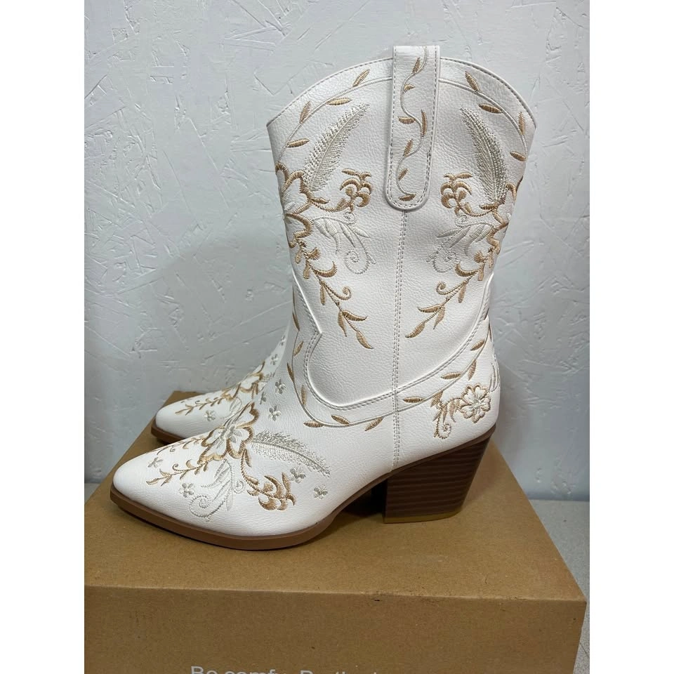 ANJOUFEMME Women's 8 Cowboy Boots White Embroidered NEW
