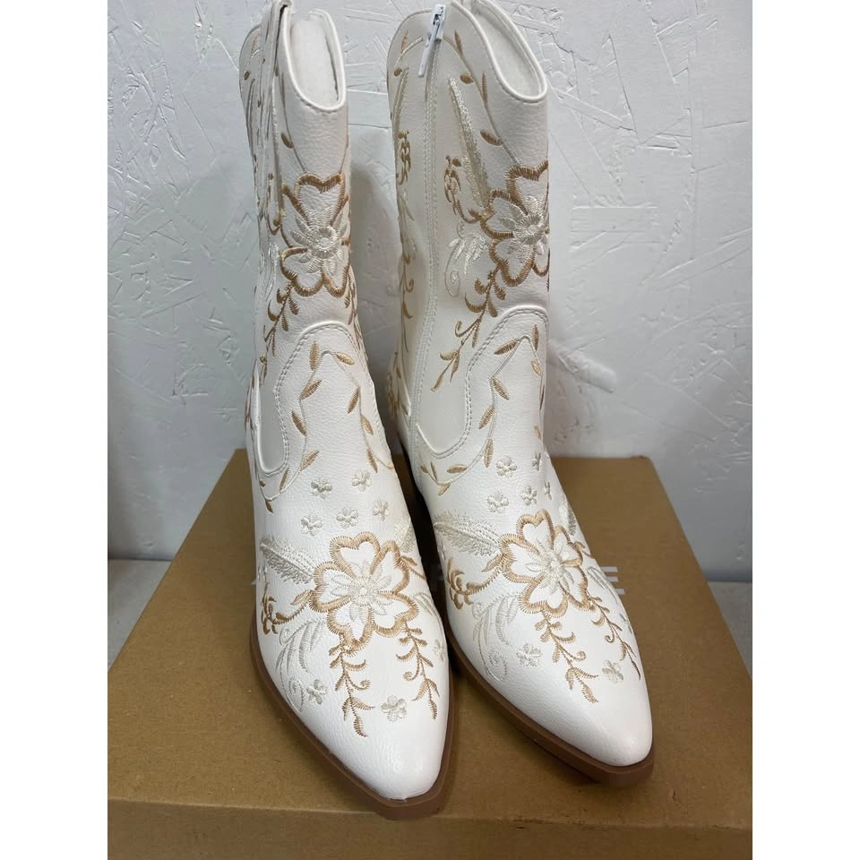 ANJOUFEMME Women's 8 Cowboy Boots White Embroidered NEW - photo 3