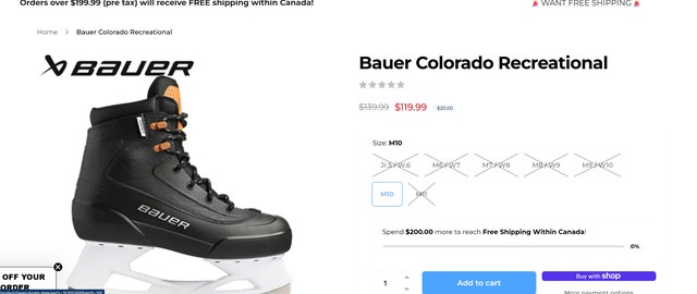 Bauer® Colorado Rec Adult Ice Skate - Men’s size 8 US-Black