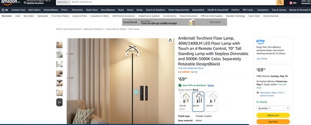Ambimall® Torchiere Floor Lamp - 20D x 20W x 164H cm - photo 5