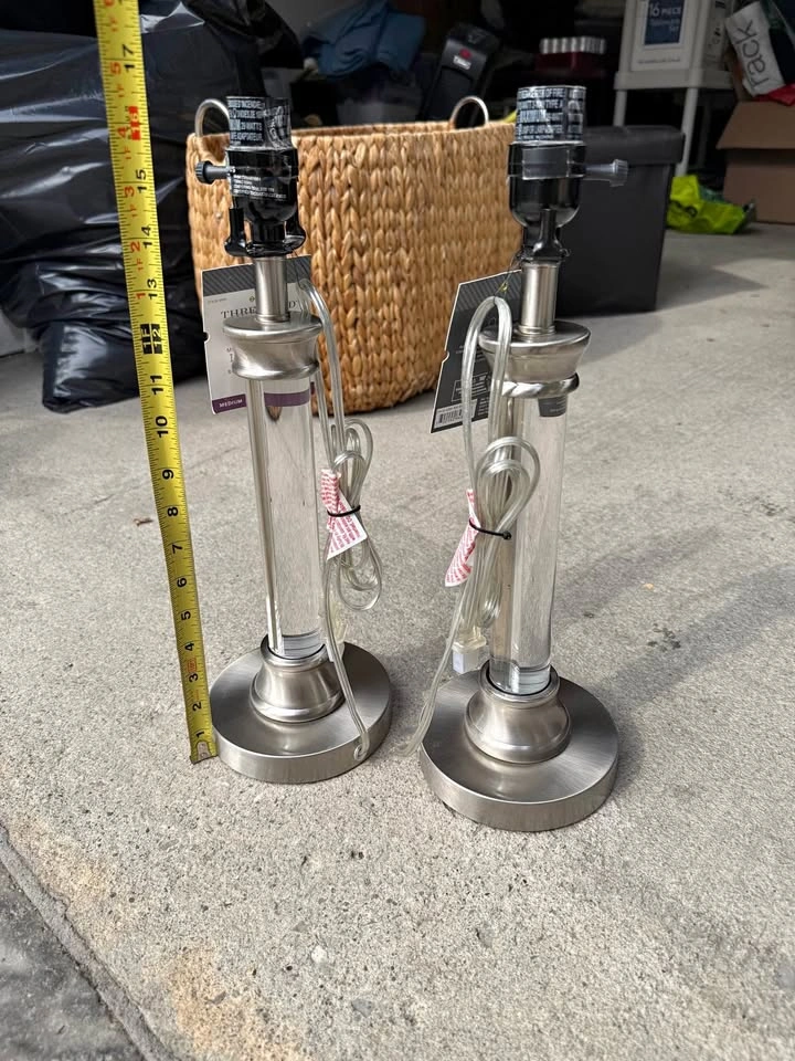 New Pair of Brushed Nickel & Clear Table Lamp Bases – No Shades