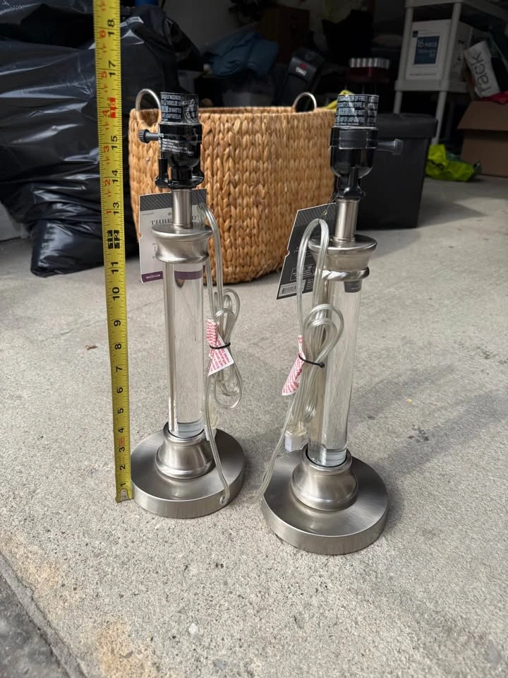 New Pair of Brushed Nickel & Clear Table Lamp Bases – No Shades - photo 2