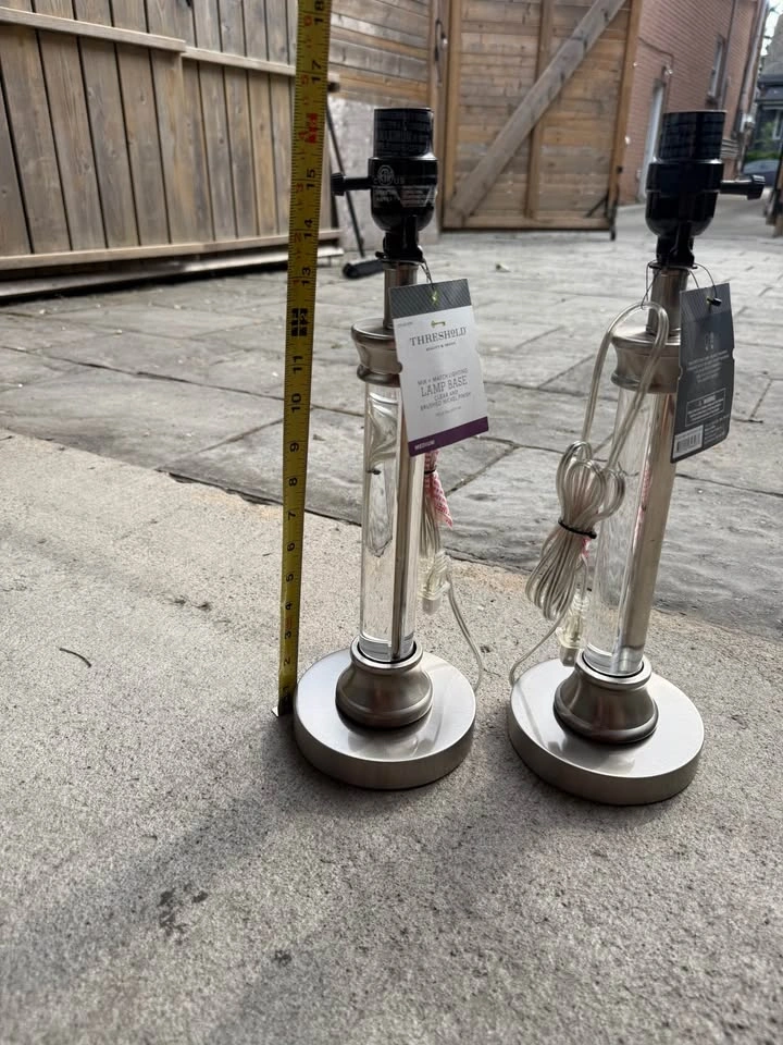 New Pair of Brushed Nickel & Clear Table Lamp Bases – No Shades - photo 3