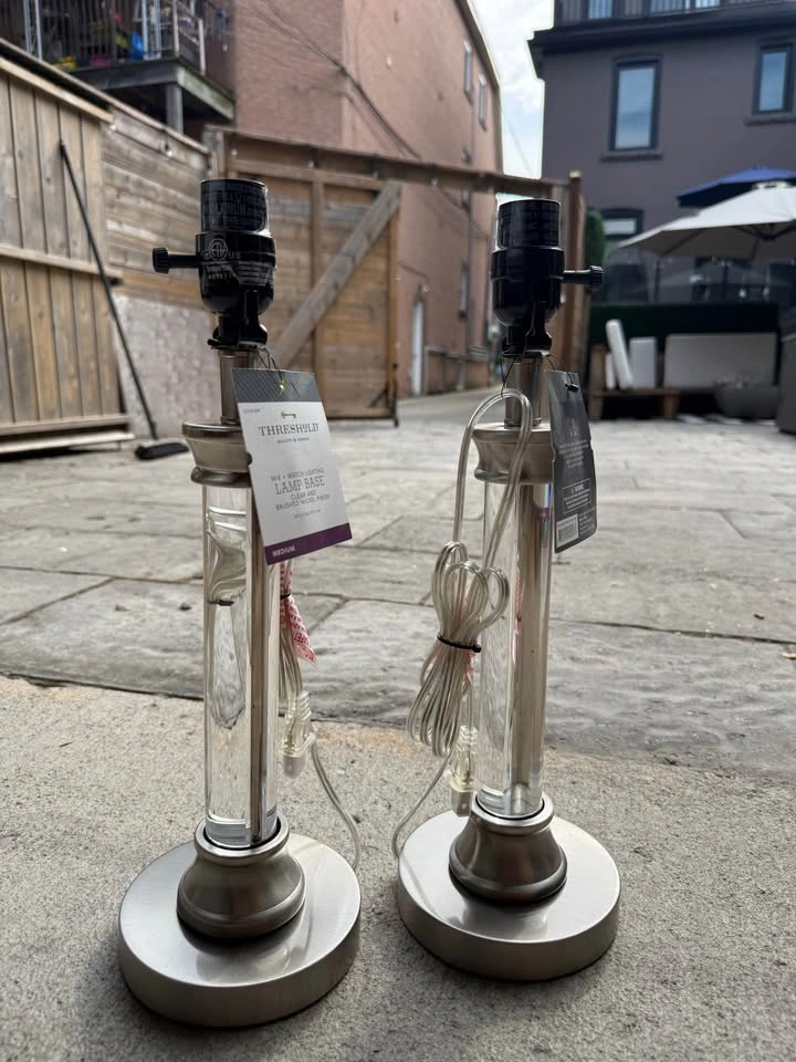 New Pair of Brushed Nickel & Clear Table Lamp Bases – No Shades - photo 4