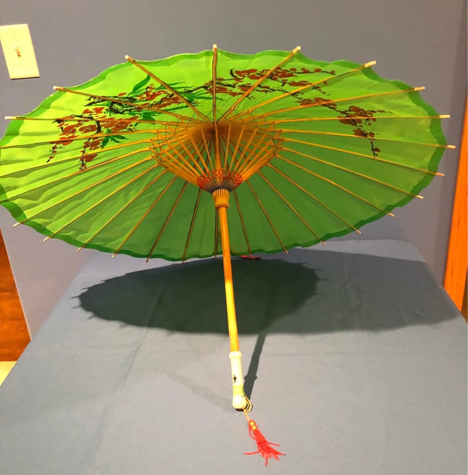 Oriental bamboo parasol umbrella Asian hand painted flowers - photo 2