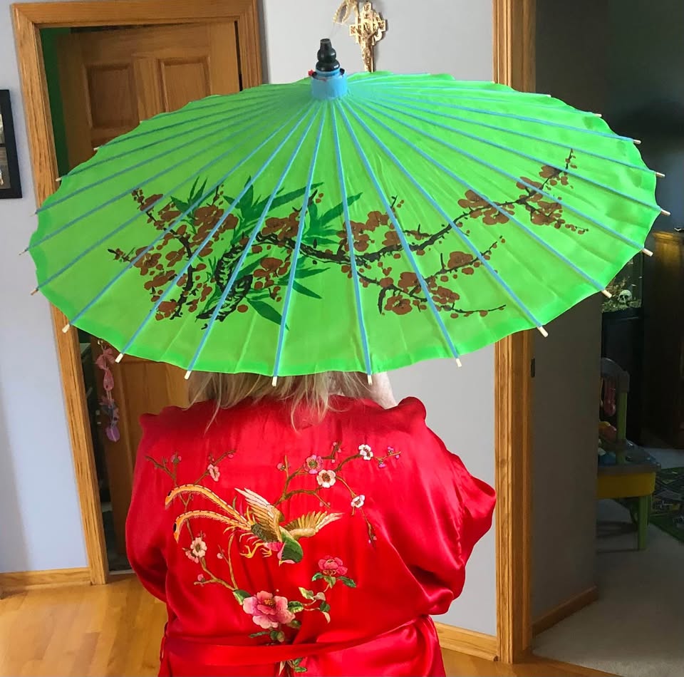Oriental bamboo parasol umbrella Asian hand painted flowers - photo 3