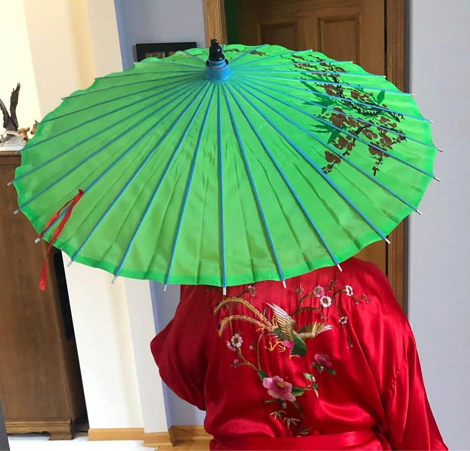 Oriental bamboo parasol umbrella Asian hand painted flowers - photo 4