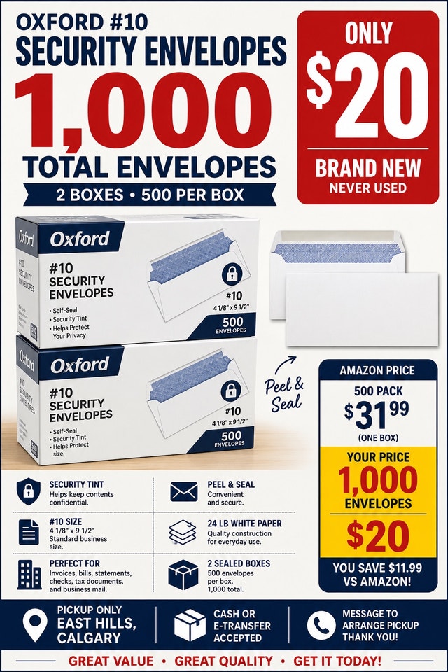 1,000 Oxford #10 Security Envelopes - New - $20
