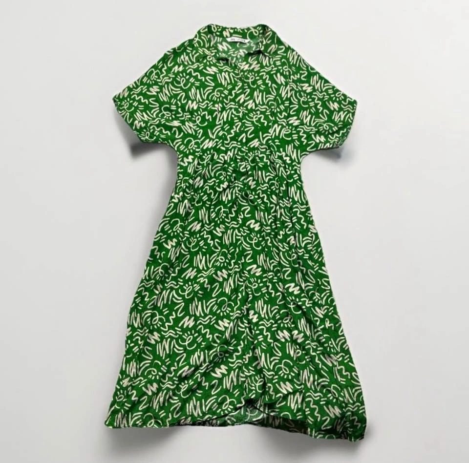 Zara green and white short sleeve midi dress