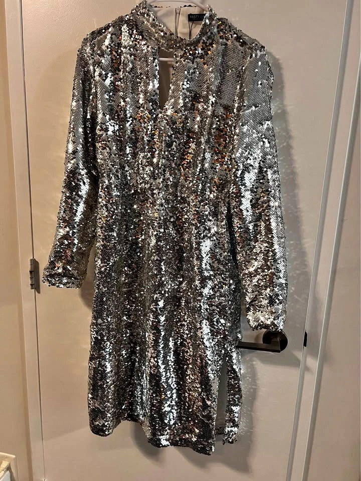 Nasty Gal Silver Sequin Long Sleeve Mini Dress