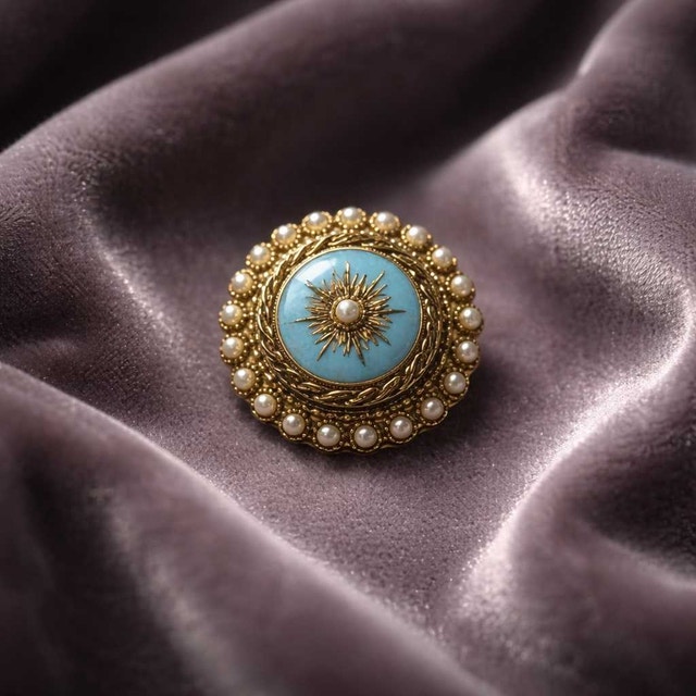 Vintage Sphinx Faux Pearl and Faux Turquoise Brooch