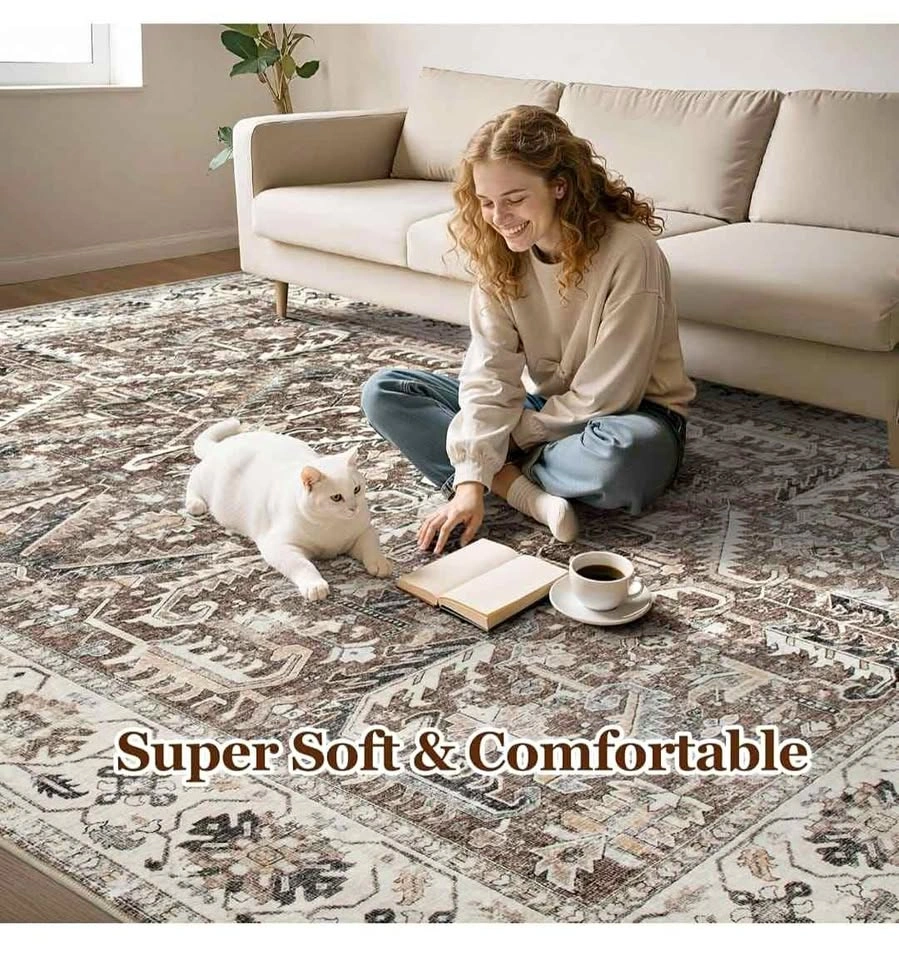 Brand New 8x10 Washable Area Rug - Dark Brown Vintage Traditiona