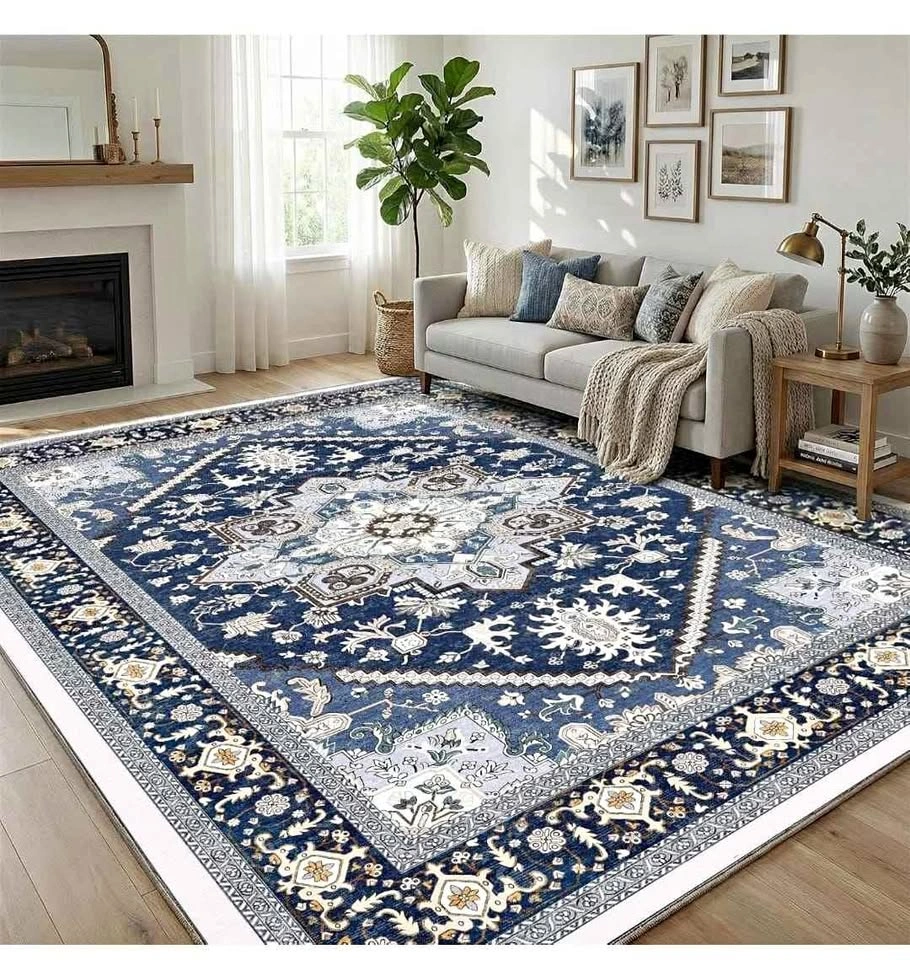 9x12 Navy & Golden Area Rug - Soft Faux Cashmere Washable