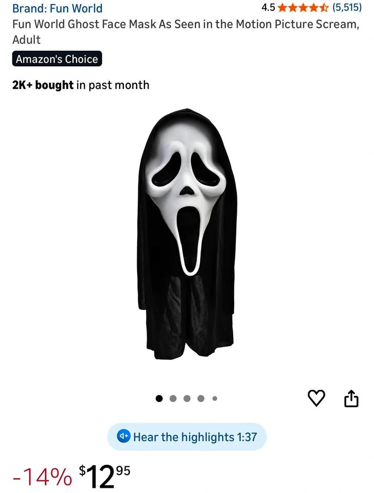 Fun World Ghost Face Mask As Seen in the Motion Picture Scream,