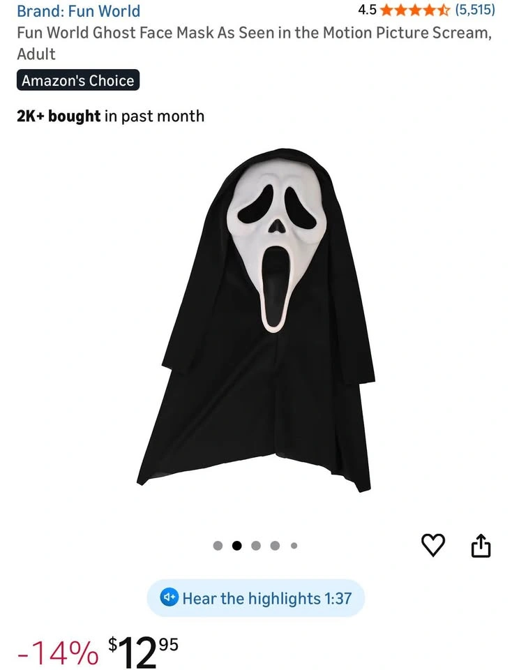 Fun World Ghost Face Mask As Seen in the Motion Picture Scream, - photo 2