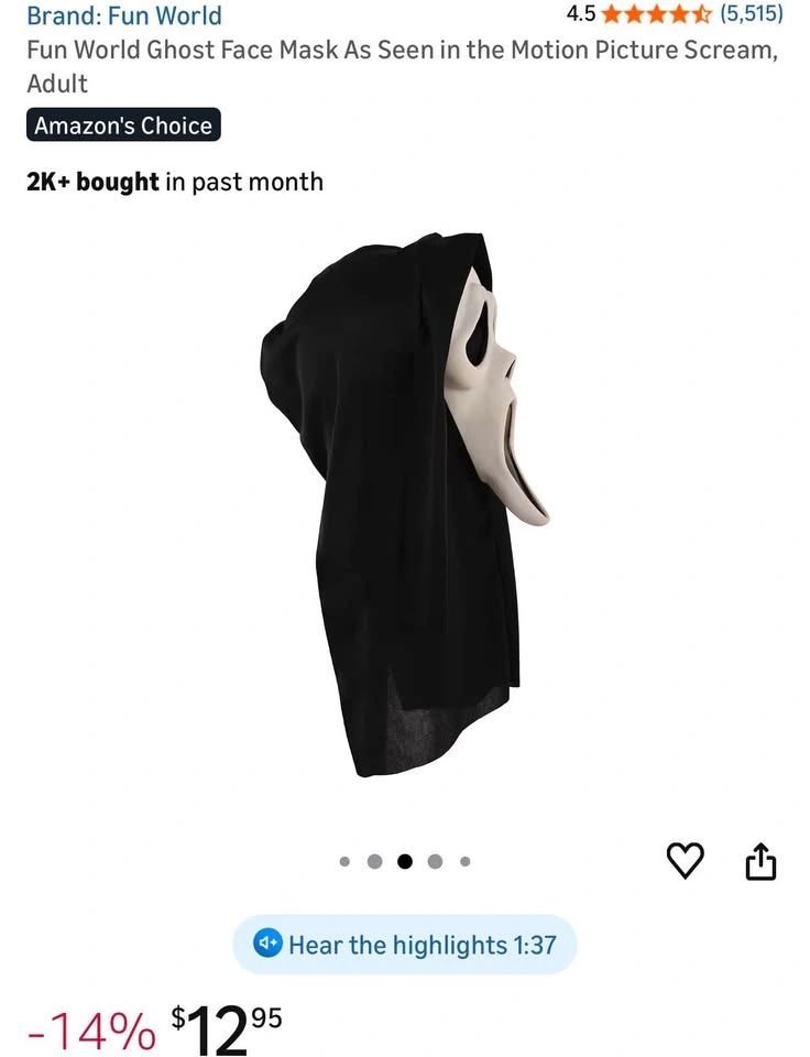 Fun World Ghost Face Mask As Seen in the Motion Picture Scream, - photo 3