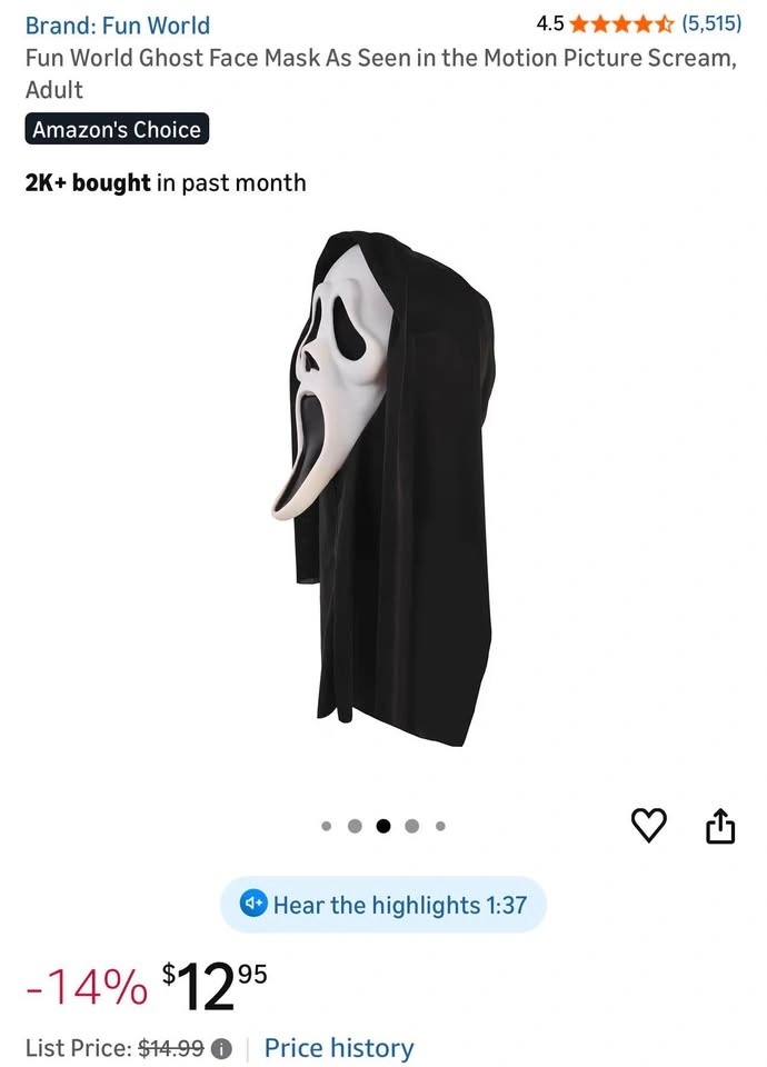 Fun World Ghost Face Mask As Seen in the Motion Picture Scream, - photo 5