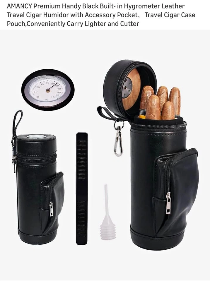 Premium Black Leather Travel Cigar Humidor with Hygrometer