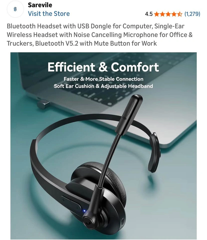 Sarevile Bluetooth Headset with USB Dongle for Computer - photo 3