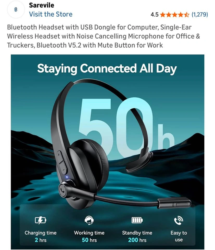 Sarevile Bluetooth Headset with USB Dongle for Computer - photo 4