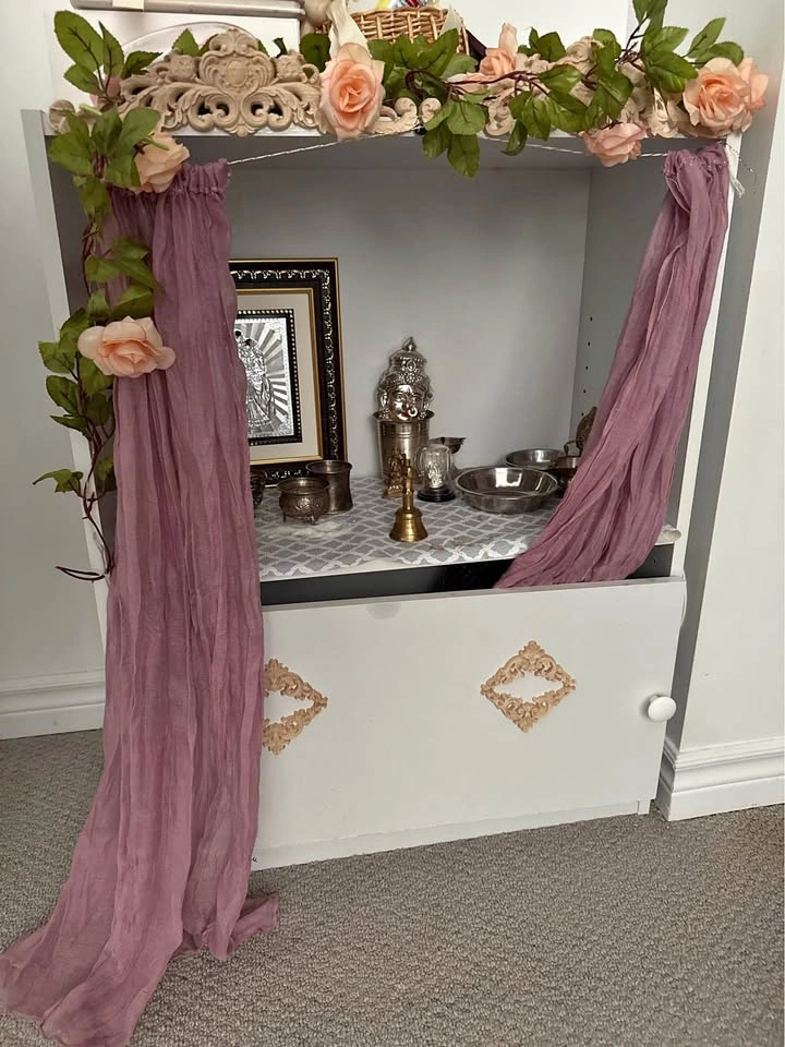 Custom White Wooden Pooja Cabinet with Storage