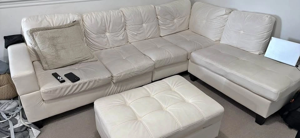 Modern White Faux Leather L-Shape Sectional Sofa with Ottoman