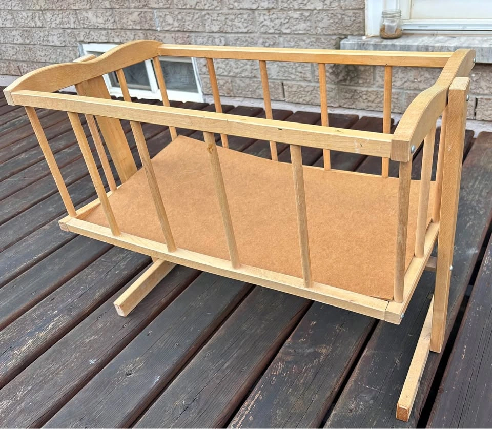 Beautiful vintage wooden doll cradle (24” x 14”) with mattress