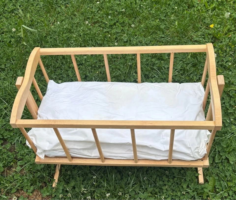 Beautiful vintage wooden doll cradle (24” x 14”) with mattress - photo 5