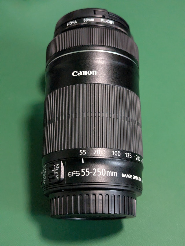 Canon EF-S 55–250mm f/4–5.6 IS STM with filter and hood