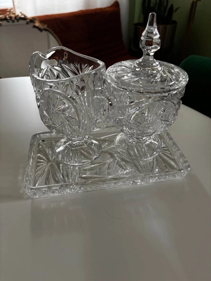 Vintage USSR Crystal cream and sugar set- Pinwheel Pattern