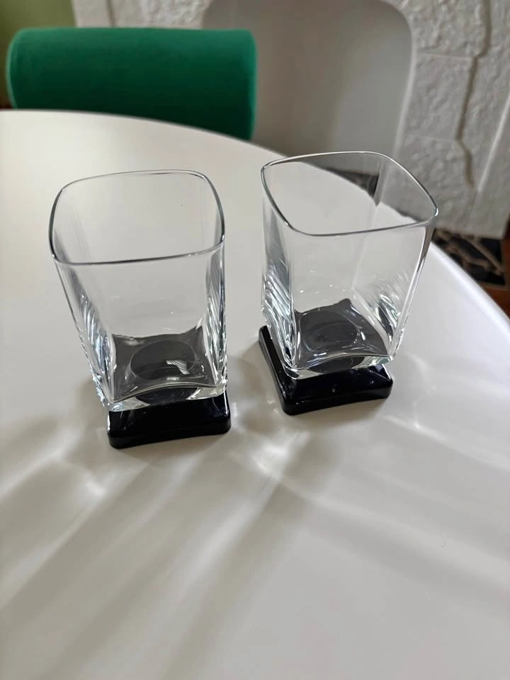 Vintage 1970s MCM Square Cocktail Glasses - Black Base (Pair)