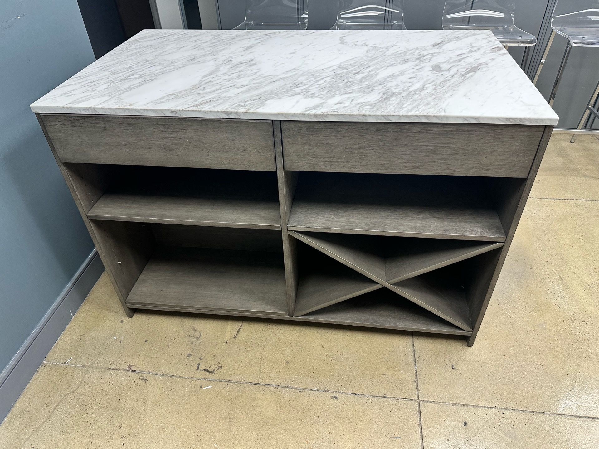 CB2 White Marble Top Island Grey Wood