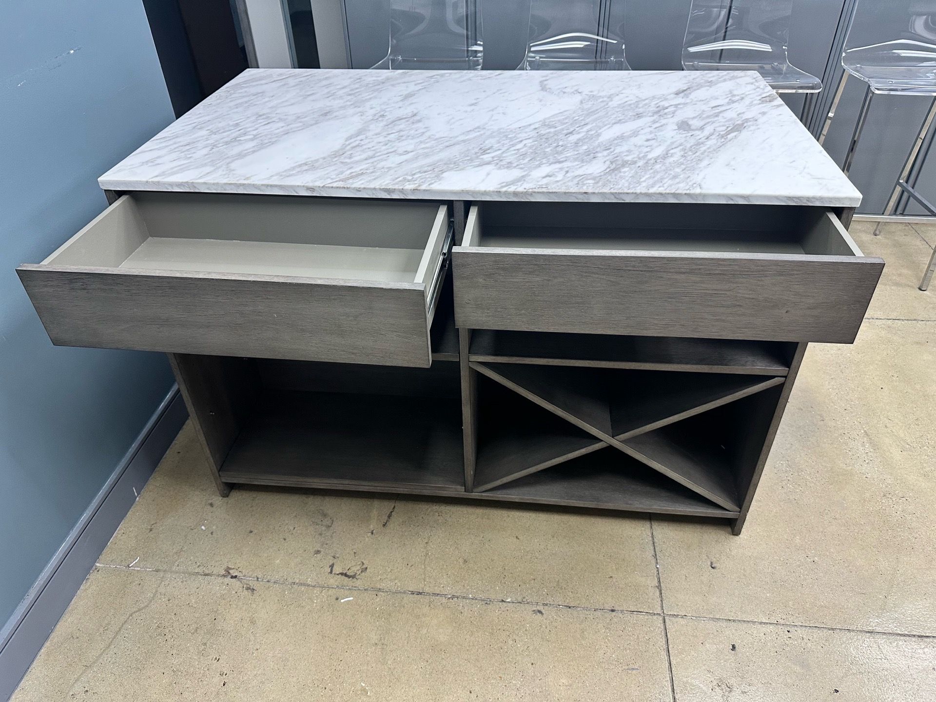 CB2 White Marble Top Island Grey Wood - photo 2