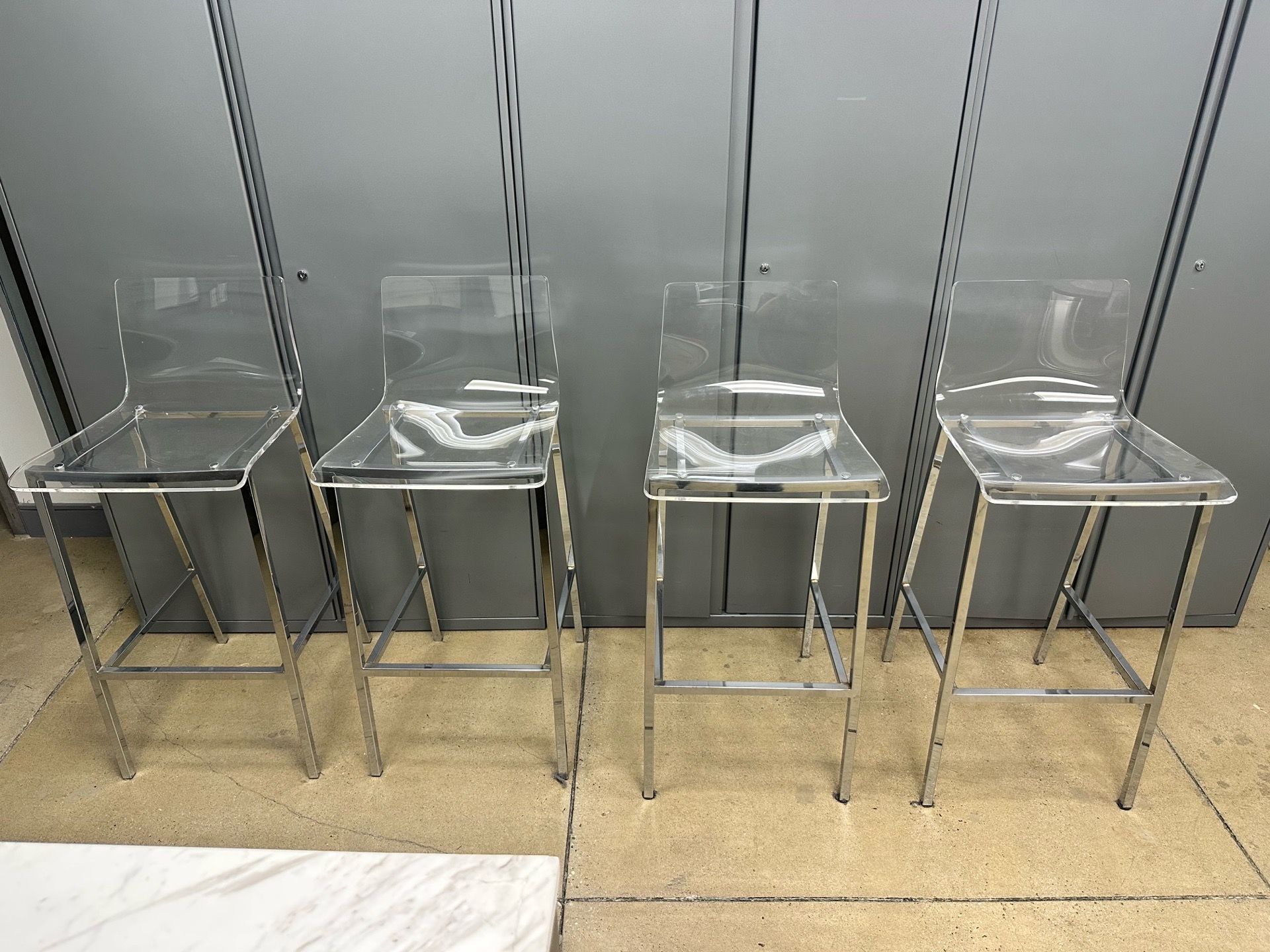 CB2 Chairs Acrylic & Chrome Bar Stools Set of 4