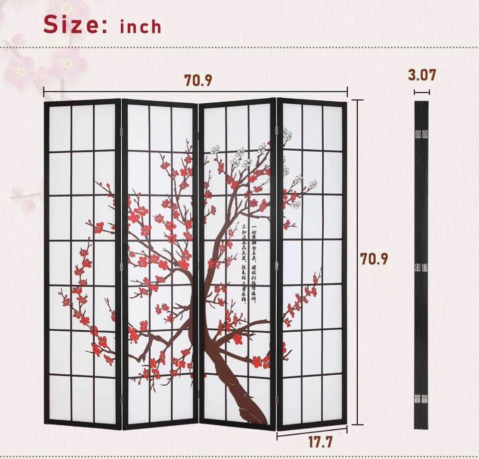 FDW 6Ft 4-Panel Folding Privacy Screen Shoji Room Divider - photo 3
