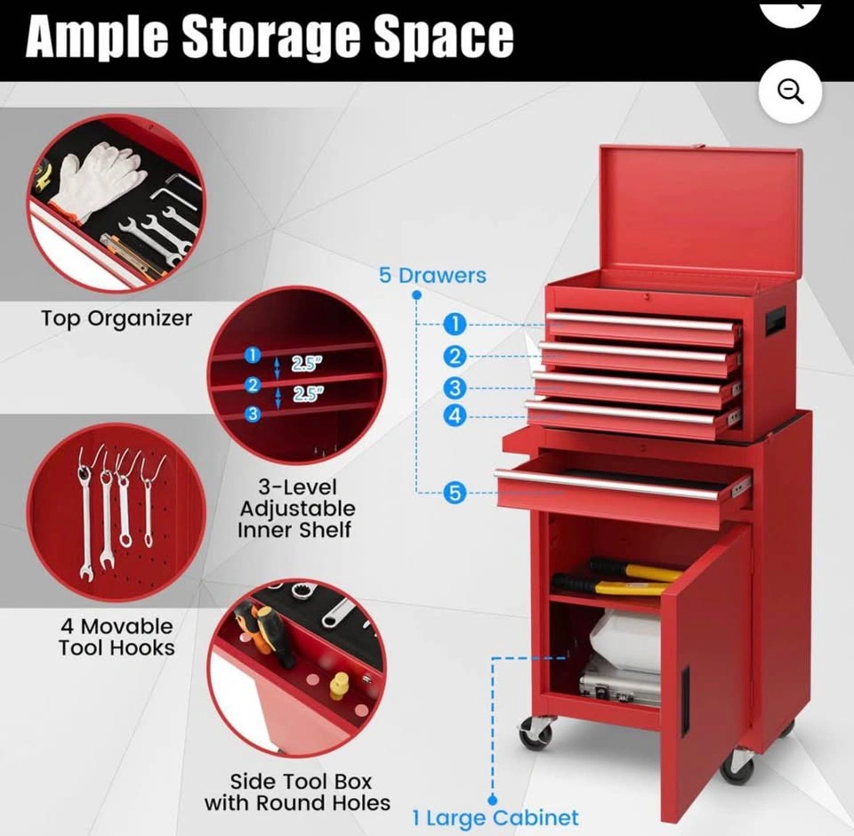 2-in-1 Tool Chest & Cabinet with 5 Drawers - Red - photo 3