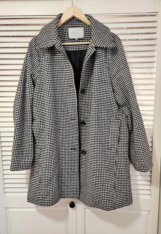 MONK & LOU Black & White Plaid Long Coat – Women’s Size Large