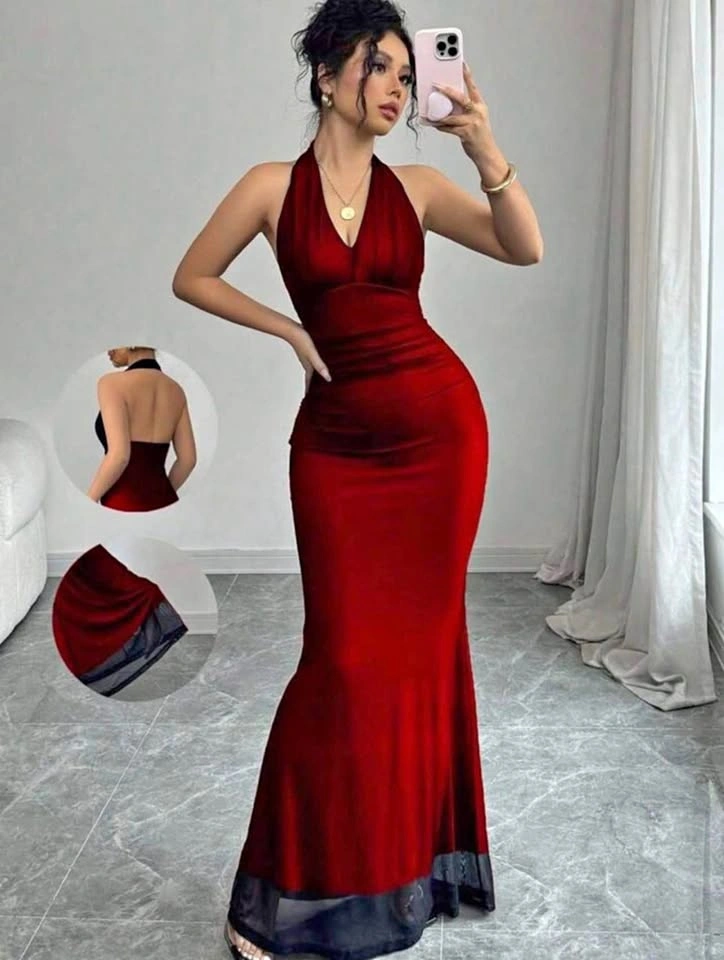Elegance deep red halter maxi dress with contrast hem