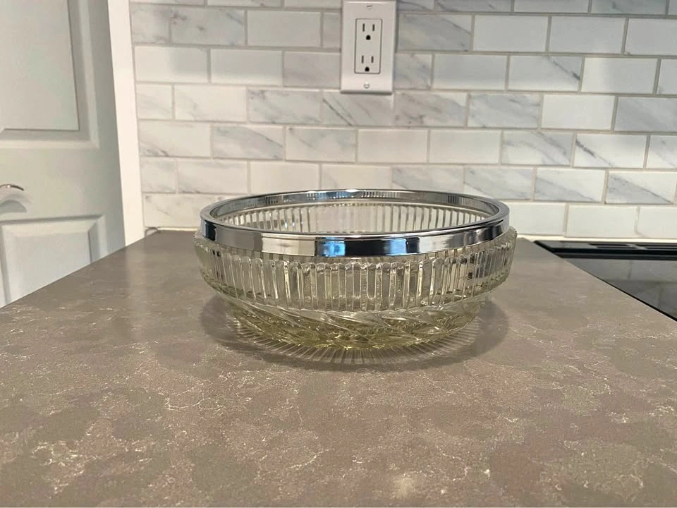 Vintage Cut Glass Serving Bowl with Silver Rim