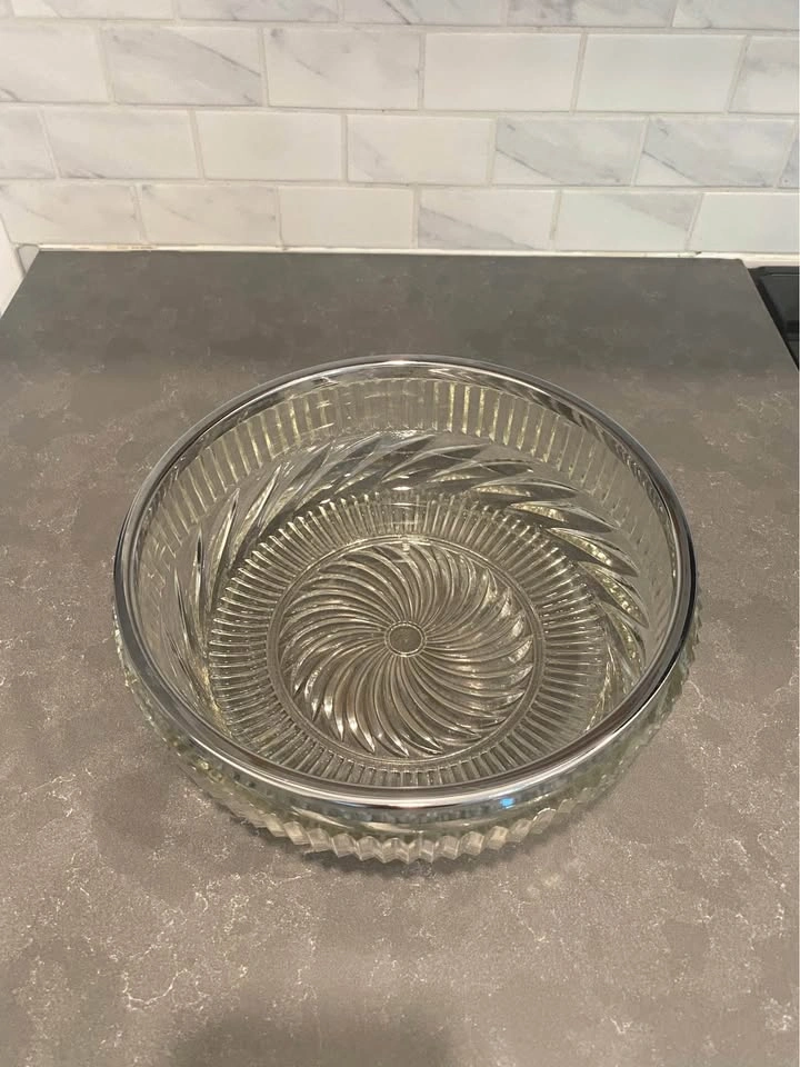 Vintage Cut Glass Serving Bowl with Silver Rim - photo 2