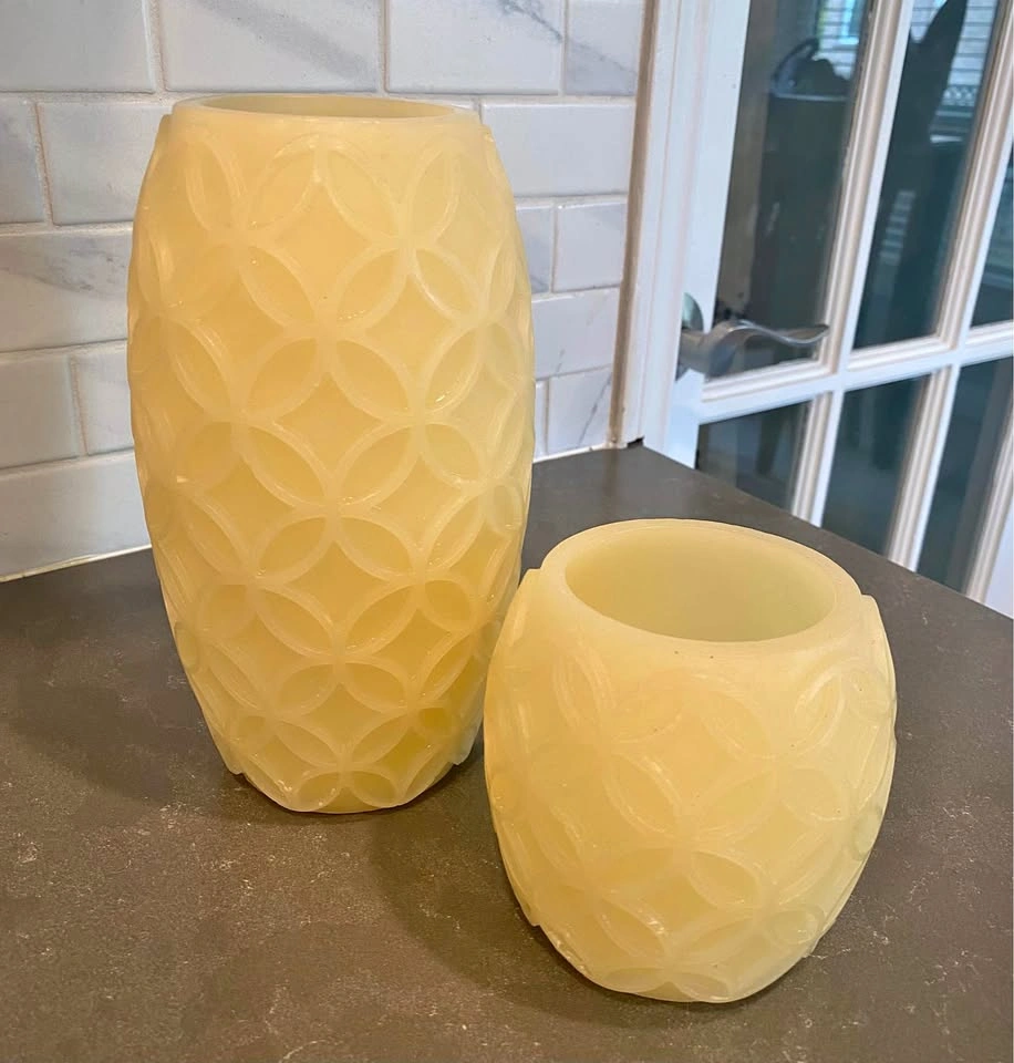 Creamy Almond Coloured LED Flameless Patterned Wax Pillar Candle