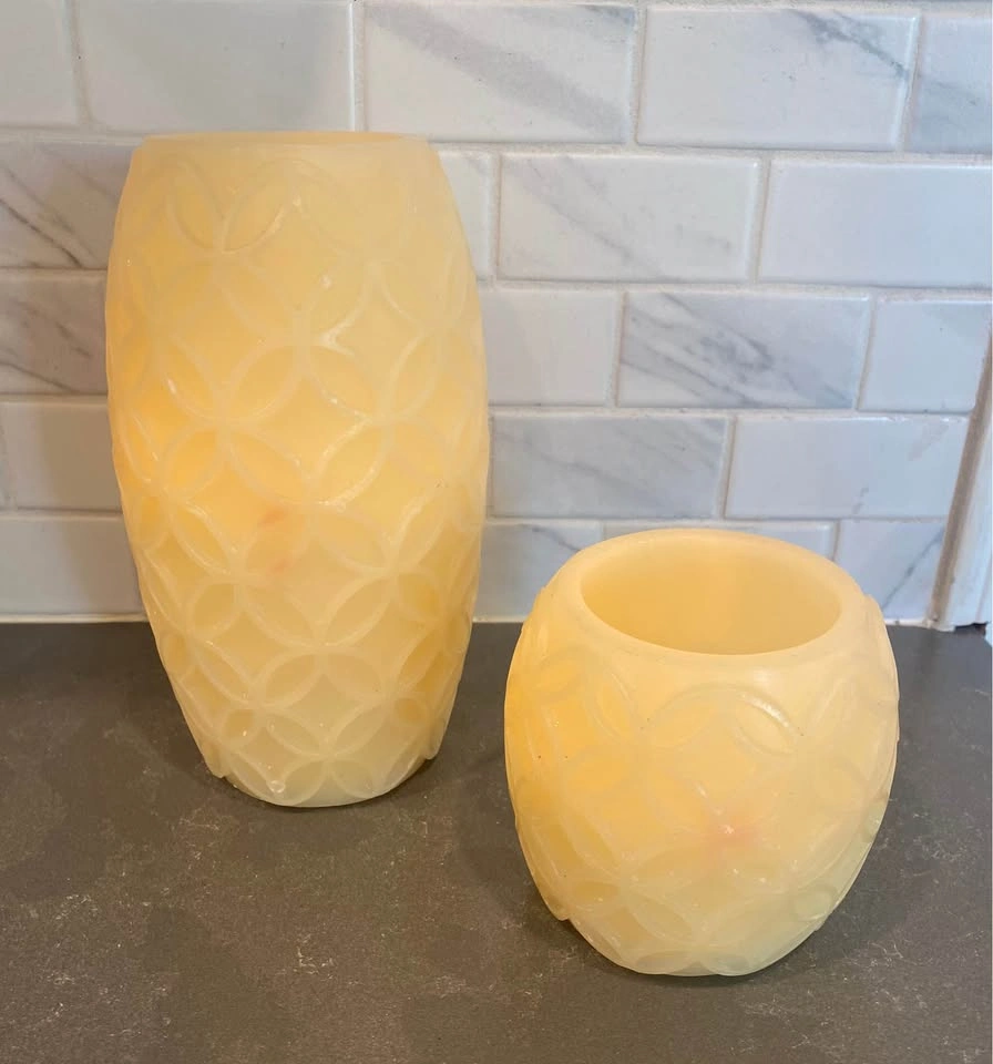 Creamy Almond Coloured LED Flameless Patterned Wax Pillar Candle - photo 2