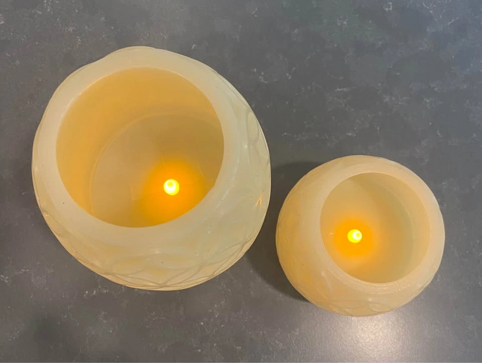 Creamy Almond Coloured LED Flameless Patterned Wax Pillar Candle - photo 3